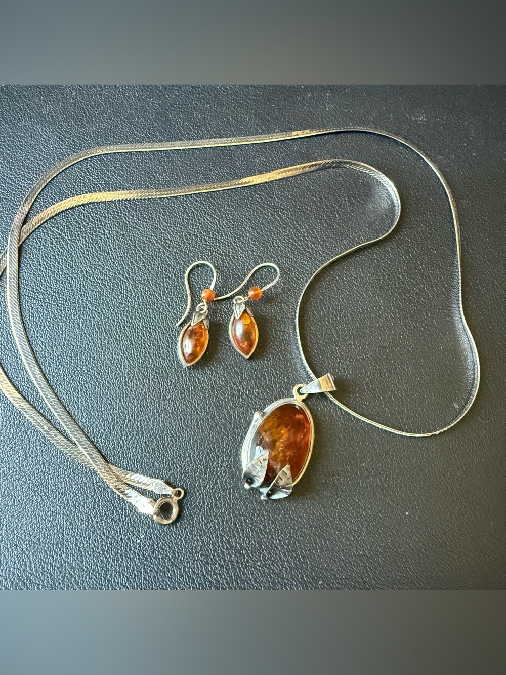 925 Italy Silver Herringbone Chain & Amber Earrings & Pendant Necklace Set